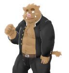  2011 anthro belly blush bottomwear brown_body brown_fur clothed clothing fur humanoid_hands kemono kick_(artist) male mammal open_clothing open_shirt open_topwear overweight overweight_anthro overweight_male pants shirt simple_background solo suid suina sus_(pig) topwear white_background wild_boar 