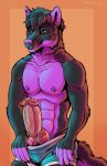  2020 5_fingers abs anthro balls canid canine canis clothing fingers fur genitals hi_res male mammal marjani penis red_eyes solo underwear wolf 