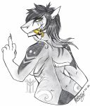  2020 5_fingers anthro black_hair breasts female fingers fish hair hi_res marine non-mammal_breasts piercing shark smile solo thehuntingwolf tongue tongue_piercing traditional_media_(artwork) yellow_eyes 