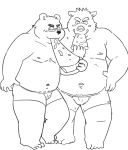  2011 anthro belly blush bulge clothing duo eating eyewear food glasses kemono kick_(artist) male mammal moobs nipples overweight overweight_male pizza simple_background suid suina sus_(pig) underwear ursid white_background wild_boar 