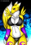  2014 anthro black_sclera blue_eyes blush bodily_fluids breasts butt canid canine chest_tuft clothed clothing digimon digimon_(species) female fluffy fluffy_tail fur genital_fluids hi_res jadej_jacky_kim looking_at_viewer mammal multicolored_body multicolored_fur navel panties partially_clothed renamon smile solo topless tuft two_tone_body two_tone_fur underwear white_body white_fur yellow_body yellow_fur zi0808 