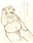  2011 anthro balls belly erection genitals japanese_text kemono kick_(artist) male mammal moobs navel nipples overweight overweight_anthro overweight_male penis phone simple_background solo text translation_check translation_request ursid 
