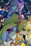  2girls bangs black_choker blonde_hair blue_gloves blurry blurry_background bow choker closed_mouth collarbone cure_moonlight cure_sunshine earrings elbow_gloves eyebrows_visible_through_hair food fruit gloves hair_between_eyes hair_bow heartcatch_precure! jewelry long_hair multiple_girls orange orange_bow precure profile purple_choker purple_hair purple_neckwear shiny shiny_hair shipu_(gassyumaron) short_sleeves sketch twintails very_long_hair 