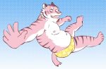  2014 anthro belly blush clothing felid fur humanoid_hands kemono kick_(artist) male mammal moobs navel nipples overweight overweight_anthro overweight_male pantherine pink_body pink_fur solo tiger underwear white_body white_fur 