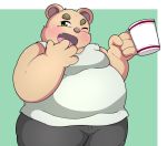  2020 anthro belly blush bottomwear brown_body brown_fur clothing fur green_eyes hi_res inigo_(kusosensei) kusosensei male mammal overweight overweight_anthro overweight_male pants shirt solo topwear ursid 