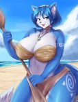  anthro big_breasts blue_body blue_fur breasts canid canine clothed clothing detailed_background female fox front_view fur green_eyes hi_res krystal mammal mleonheart nintendo nipples smile solo standing star_fox video_games 