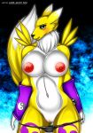  2014 anthro black_sclera blue_eyes blush bodily_fluids breasts butt canid canine chest_tuft clothed clothing digimon digimon_(species) female fluffy fluffy_tail fur genital_fluids genitals hi_res jadej_jacky_kim looking_at_viewer mammal multicolored_body multicolored_fur navel nipples panties pussy renamon smile solo topless tuft two_tone_body two_tone_fur underwear white_body white_fur yellow_body yellow_fur zi0808 