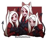  blackrabbitshone blonde_hair cerberus_(helltaker) clothing costume female gloves group hair handwear helltaker hi_res humanoid raised_tail red_eyes smile 