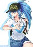  alternate_costume backpack bag bangs baseball_cap blue_eyes blue_hair blue_shorts camouflage dog_tags earrings hat holding holding_bag jewelry leona_heidern low_ponytail shirt shorts signature snk t-shirt takejun the_king_of_fighters watermark web_address 