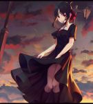  1girl black_dress black_hair black_legwear bow dress dress_lift dress_tug evening hair_bow highres kaguya-sama_wa_kokurasetai_~tensai-tachi_no_renai_zunousen~ kneehighs long_dress neck_ribbon outdoors parted_lips red_bow red_eyes red_ribbon ribbon shinomiya_kaguya shiny shiny_hair short_sleeves sidelocks sky solo standing star_(sky) starry_sky tied_hair wind wind_lift xeonomi 