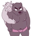  2014 anthro belly blush clothing duo hug hugging_from_behind kemono kick_(artist) low_res male male/male mammal moobs navel nipples overweight overweight_male simple_background suid suina sus_(pig) underwear ursid white_background wild_boar 