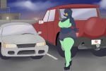  absurd_res anthro avian big_breasts bird bottomwear breasts car clothed clothing detailed_background elektr0 eyebrow_piercing facial_piercing female footwear fully_clothed hi_res high_heels legwear non-mammal_breasts piercing shoes skirt solo thigh_highs topaz_(elektr0) vehicle wide_hips 