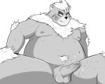  2020 anthro balls belly bodily_fluids cum cum_on_stomach genital_fluids genitals hi_res kimun_kamui_(tas) kuroikiri male mammal moobs navel nipples overweight overweight_anthro overweight_male penis simple_background solo tokyo_afterschool_summoners ursid video_games white_background 