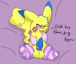  &lt;3 &lt;3_eyes arm_warmers armwear balls bed bedroom_eyes blue_body blue_eyes blue_fur blush cleft_tail clothed clothing crossdressing cute_fangs dialogue feral fur furniture genitals girly heart_tail hi_res highlights_(coloring) inviting legwear male mammal narrowed_eyes nintendo paws penis pikachu pok&eacute;mon pok&eacute;mon_(species) ribbons rodent seductive shy solo sparkchu sparkchu01 stockings video_games yellow_body yellow_fur 