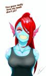  2019 absurd_res big_breasts blue_body blue_skin blush breasts clauschristmas2 clothing curvy_figure deltarune dialogue ear_fins eyes_closed eyeshadow female fin fish gills hair hands_behind_back hi_res hourglass_figure humanoid makeup marine monster ponytail red_eyeshadow red_hair sharp_teeth shirt smile solo talking_to_viewer tank_top teeth topwear undertale undyne video_games yellow_teeth 