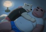  2017 anthro blush brown_body brown_fur bulge canid canine canis clothing cuddling domestic_dog duo eyes_closed fur hug kemono kick_(artist) male male/male mammal night overweight overweight_male shirt sleeping topwear underwear ursid 