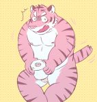  2014 anthro balls belly caught felid fur genitals improvised_sex_toy kemono kick_(artist) male mammal masturbation moobs nipples overweight overweight_anthro overweight_male pantherine penis pink_body pink_fur solo surprise tiger toilet_paper white_body white_fur 