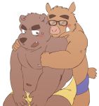  2014 anthro blush clothing duo eyewear glasses hug hugging_from_behind kemono kick_(artist) male male/male mammal overweight overweight_male simple_background suid suina sus_(pig) underwear ursid white_background wild_boar 