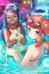  2girls aqua_eyes bare_arms bare_back bikini blue_eyes blurry blurry_background e-co earrings eyeliner eyewear_on_head gen_8_pokemon green_bikini halterneck heart hoop_earrings in_water jewelry long_hair looking_at_viewer looking_back makeup multicolored_hair multiple_girls orange_hair pokemon pokemon_(game) pokemon_swsh red_bikini rurina_(pokemon) side_ponytail sidelocks sonia_(pokemon) sunglasses swimsuit two-tone_hair upper_body water yamper 