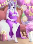  2020 4_toes 5_fingers anthro belly big_belly blue_eyes canid canine canis clothing digital_media_(artwork) domestic_dog dress eyebrows eyelashes female fingers hi_res looking_at_viewer mammal p-v-s pregnant smile solo toes 