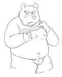  2011 anthro belly clothing humanoid_hands kemono kick_(artist) male mammal moobs nipples overweight overweight_anthro overweight_male shirt simple_background solo topwear underwear undressing ursid white_background 