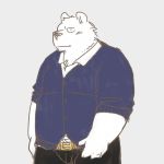  2011 anthro belly biped bottomwear clothing kemono kick_(artist) male mammal overweight overweight_anthro overweight_male pants shirt simple_background solo topwear ursid 