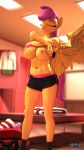  3d_(artwork) anthro anthroponiessfm big_breasts bottomwear breasts clothed clothing clothing_lift digital_media_(artwork) equid equine female friendship_is_magic hasbro hi_res inside mammal my_little_pony nipples pegasus scootaloo_(mlp) shirt shirt_lift shorts solo topwear undressing wings 