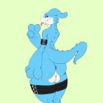  absurd_res anthro anus balls belt big_butt blue_body blue_scales bodily_fluids butt digimon digimon_(species) dragon flamedramon from genitals girly hi_res humanoid invalid_tag looking_at_viewer male matidramon scales scalie solo sweat thick_thighs 