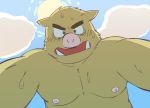  2014 anthro belly bodily_fluids brown_body brown_fur fur kemono kick_(artist) male mammal moobs nipples outside overweight overweight_anthro overweight_male solo suid suina sun sus_(pig) sweat wild_boar 