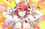  1girl animal_ears blinking blue_eyes blush breasts bridal_veil bunny_ears clover collar dress elphelt_valentine emotional_engine_-_full_drive eyebrows_visible_through_hair fake_animal_ears fate/grand_order fate_(series) four-leaf_clover funaya_(a2brasd) gloves guilty_gear guilty_gear_xrd hair_between_eyes highres large_breasts object_on_breast petals pink_hair pose smile solo sparkle sparkle_background spikes tongue tongue_out v veil wedding_dress white_gloves 