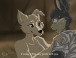  anthro beastars black_nose bodily_fluids brown_eyes canid canine canis claws clothed clothing duo english_text fan_character female floppy_ears inside lagomorph leporid male mammal mc-19 nervous partial_nudity rabbit signature smile snout sweat sweatdrop text wolf worried 