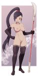  1girl areolae black_hair black_legwear breasts commentary_request dragon_quest dragon_quest_xi elbow_gloves eyelashes full_body gloves hair_tie hand_on_hip highres holding holding_weapon lamb-oic029 long_hair martina_(dq11) naginata navel nipples nude polearm ponytail pubic_hair purple_eyes pussy smile solo standing thighhighs tied_hair very_long_hair weapon 