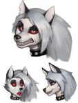  anthro black_eyebrows black_nose canid canid_demon canine canis choker collar demon ear_piercing eyebrows female grey_body hellhound helluva_boss jewelry loona_(vivzmind) mammal monster necklace piercing red_eyes red_tongue solo teeth tongue unknown_artist were werecanid white_body wolf 