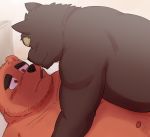  2017 anthro belly blush brown_body brown_fur canid canine canis domestic_dog duo food fur kemono kick_(artist) male male/male mammal navel overweight overweight_male pocky ursid 