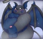  2020 anthro balls bathing black_body blush genitals kusosensei male mammal masturbation overweight overweight_anthro overweight_male penis solo wings 