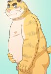  2015 anthro belly blue_eyes blush butt felid fur genitals humanoid_hands kemono kick_(artist) male mammal moobs nipples overweight overweight_anthro overweight_male pantherine penis solo tiger yellow_body yellow_fur 