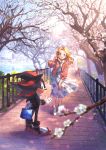  1boy 1girl absurdres adjusting_hair bag bench blonde_hair blue_eyes blurry_foreground cherry_blossoms commentary_request cross-laced_footwear floral_print full_body furry highres holding holding_bag jacket lake long_hair long_skirt looking_at_viewer looking_back maria_robotnik mochizuki_anko red_eyes shadow_the_hedgehog skirt smile sonic_the_hedgehog standing sweater tree 