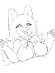  2020 anthro black_sclera bodily_fluids bow_tie breasts canid canine canis claws cute_fangs duo featureless_breasts female genital_fluids hair hi_res long_hair male male/female mammal monochrome pawpads precum rapel sex sketch solo_focus titfuck tongue tongue_out 