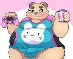  2020 anthro blush brown_body brown_fur bulge clothed clothing controller fur game_controller hi_res inigo_(kusosensei) kemono kusosensei male mammal obese obese_anthro obese_male overweight overweight_anthro overweight_male simple_background solo ursid 