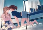  2girls alcohol all_fours barefoot bed beer beer_can blonde_hair blouse blue_shirt blue_shorts blue_skirt braid brown_eyes brown_hair can crawling crown_braid cup curtains drinking_glass dutch_angle edamoto_haru eye_contact face-to-face feet floor full_body grey_scrunchie hair_ornament hair_scrunchie has_bad_revision highres imminent_kiss long_hair looking_at_another md5_mismatch medium_hair midriff_peek multiple_girls nakatani_nio official_art older on_floor perspective pink_blouse ponytail resolution_mismatch saeki_sayaka scrunchie shadow shirt shorts sitting skirt socks source_larger table translation_request white_curtains white_legwear window window_shade wooden_floor yagate_kimi_ni_naru yagate_kimi_ni_naru:_saeki_sayaka_ni_tsuite yokozuwari yuri 