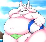  2020 absurd_res anthro belly bulge clothing hi_res kusosensei lagomorph leporid male mammal moobs obese obese_anthro obese_male outside overweight overweight_anthro overweight_male rabbit solo swimwear water 