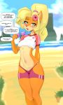  accessory activision anthro bandicoot beach blonde_hair blush breasts camel_toe clothed clothing coco_bandicoot crash_bandicoot_(series) dialogue english_text eyewear female flower flower_in_hair fur green_eyes hair hair_accessory hi_res looking_at_viewer mammal marsupial navel outside plant roadiesky seaside solo speech_bubble sunglasses text under_boob video_games 