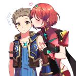  138sima 1girl bangs blush breasts chest_jewel covered_navel earrings fingerless_gloves gem gloves hair_ornament homura_(xenoblade_2) jewelry red_eyes red_hair red_shorts rex_(xenoblade_2) shorts swept_bangs tiara xenoblade_(series) xenoblade_2 