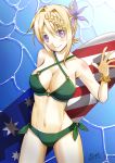  1girl american_flag american_flag_print artist_name bikini blonde_hair braid braided_bangs braided_bun breasts cleavage commentary_request cowboy_shot dated flag_print green_bikini highres kantai_collection kanyasu looking_at_viewer medium_breasts o-ring o-ring_bikini o-ring_top perth_(kantai_collection) short_hair side-tie_bikini solo surfboard swimsuit water waving 