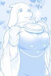  &lt;3 anthro big_breasts blue_eyes boss_monster bovid breasts caprine clothed clothing delta_rune_(emblem) fangs female floppy_ears food goat handwear hi_res horn mammal monochrome oven_mitts pie signature solo symbol tabard toriel undertale video_games yukaran_nosuke 