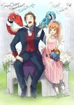  1boy 1girl :d ashton_anchors bobot breasts brown_hair chimaki_(impressiveanarchy) cleavage commentary_request dragon dress green_eyes jewelry long_hair necklace open_mouth ponytail precis_neumann robot smile star_ocean star_ocean_the_second_story wedding_dress 