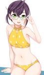  1girl bare_arms bare_shoulders bikini collarbone commentary_request cowboy_shot eyebrows_visible_through_hair glasses green_eyes hair_ornament hairclip hand_on_eyewear highres kantai_collection kumadano looking_at_viewer navel okinami_(kantai_collection) open_mouth polka_dot purple_hair short_hair simple_background smile solo swimsuit white_background 