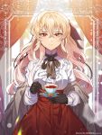  1girl artist_name black_bow black_gloves black_neckwear blonde_hair bow cup curtains frilled_shirt frills gloves hair_between_eyes hair_bow highres indoors long_sleeves looking_at_viewer original red_eyes red_skirt risem shirt skirt standing teacup white_shirt 