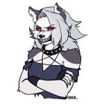  1:1 angry anthro black_eyebrows black_nose canid canid_demon canine canis choker collar demon ear_piercing eyebrows female grey_body grey_hair hair hellhound helluva_boss hi_res jewelry loona_(vivzmind) mammal monster necklace piercing red_eyes solo were werecanid white_body wolf 