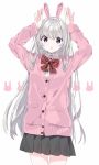  1girl :o animal_ears arms_up bangs black_skirt blush bow bunny_ears bunny_pose cardigan collared_shirt commentary_request cowboy_shot dress_shirt eyebrows_visible_through_hair fake_animal_ears grey_hair hair_between_eyes hairband highres long_hair looking_at_viewer original parted_lips pink_cardigan plaid plaid_bow pleated_skirt purple_eyes red_bow school_uniform shirt simple_background skirt solo standing tantan_men_(dragon) very_long_hair white_background white_hairband white_shirt 